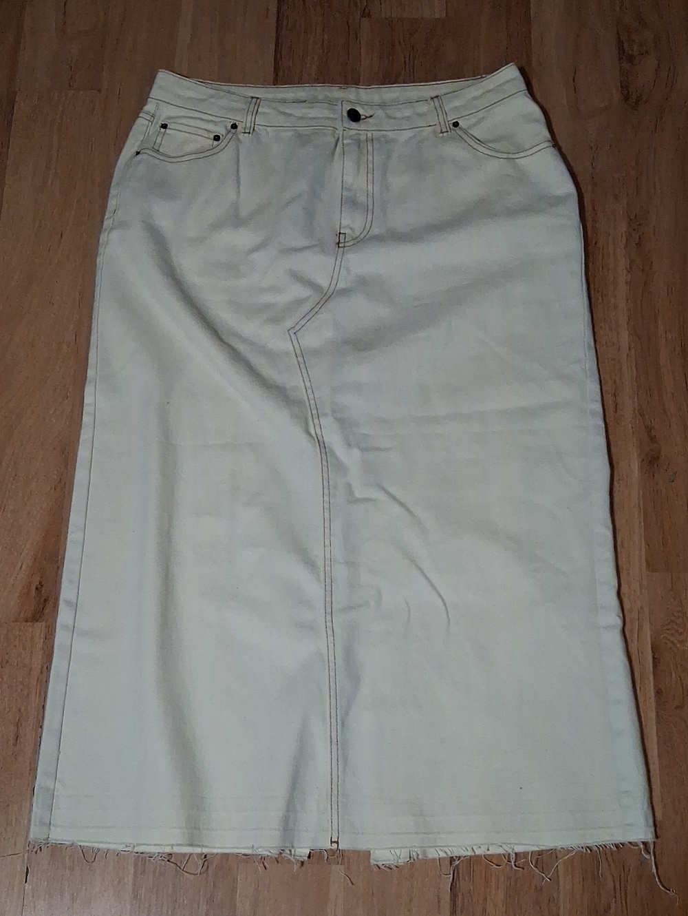 Cream Maxi Denim Skirt with Front Seam Detail Raw Edge Hem